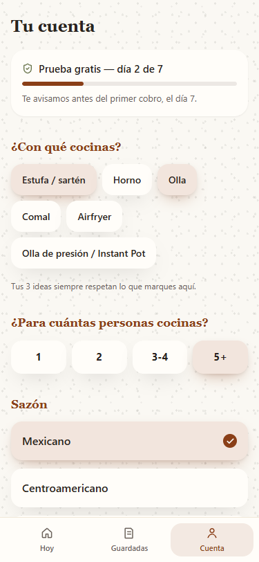 Pantalla Cuenta con herramientas, personas y sazón