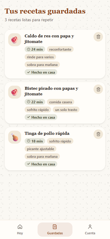 Pantalla de recetas guardadas