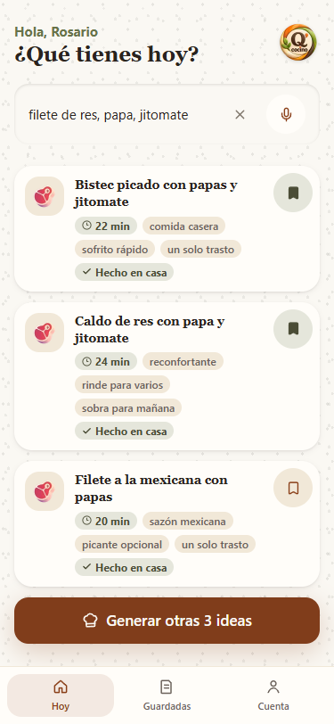 Pantalla Hoy con 3 recetas generadas
