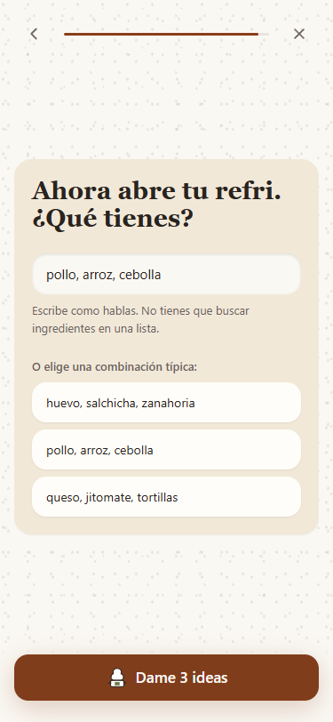Pantalla de onboarding pidiendo ingredientes